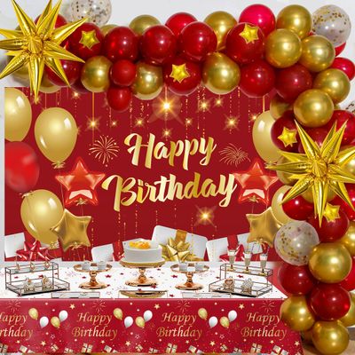 Red and Gold Birthday Decorations for Women Men Girls Boys, 72pcs Red and Gold Party Decorations Happy Birthday Backdrop Burgundy Confetti Star Balloon Arch Table Cloth Party Supplies