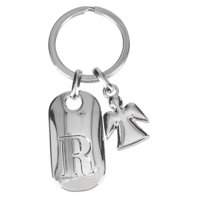 Depesche Depesche-11800-020 11800-020 Silver Keyring with Letter R and Guardian Angel, Zinc Alloy, Coloured Velvet Pouch Included, Multicoloured, One Size