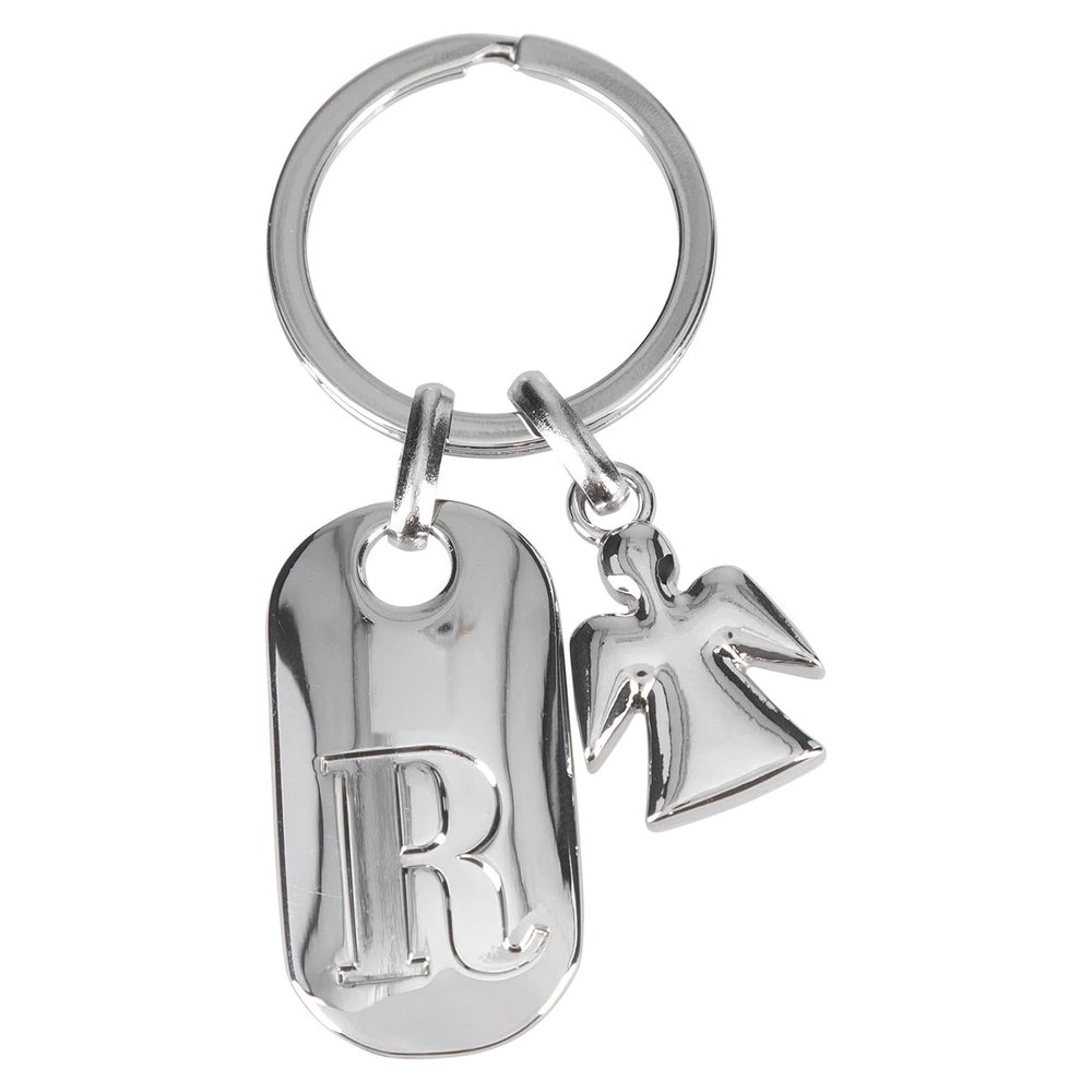 Depesche Depesche-11800-020 11800-020 Silver Keyring with Letter R and Guardian Angel, Zinc Alloy, Coloured Velvet Pouch Included, Multicoloured, One Size