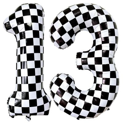 LHOAVWE Number 13 Checkered Balloons 40 Inch Giant Race Car Checkered 13 Number Balloons for 13th Race Car Checkered Birthday Party Supplies