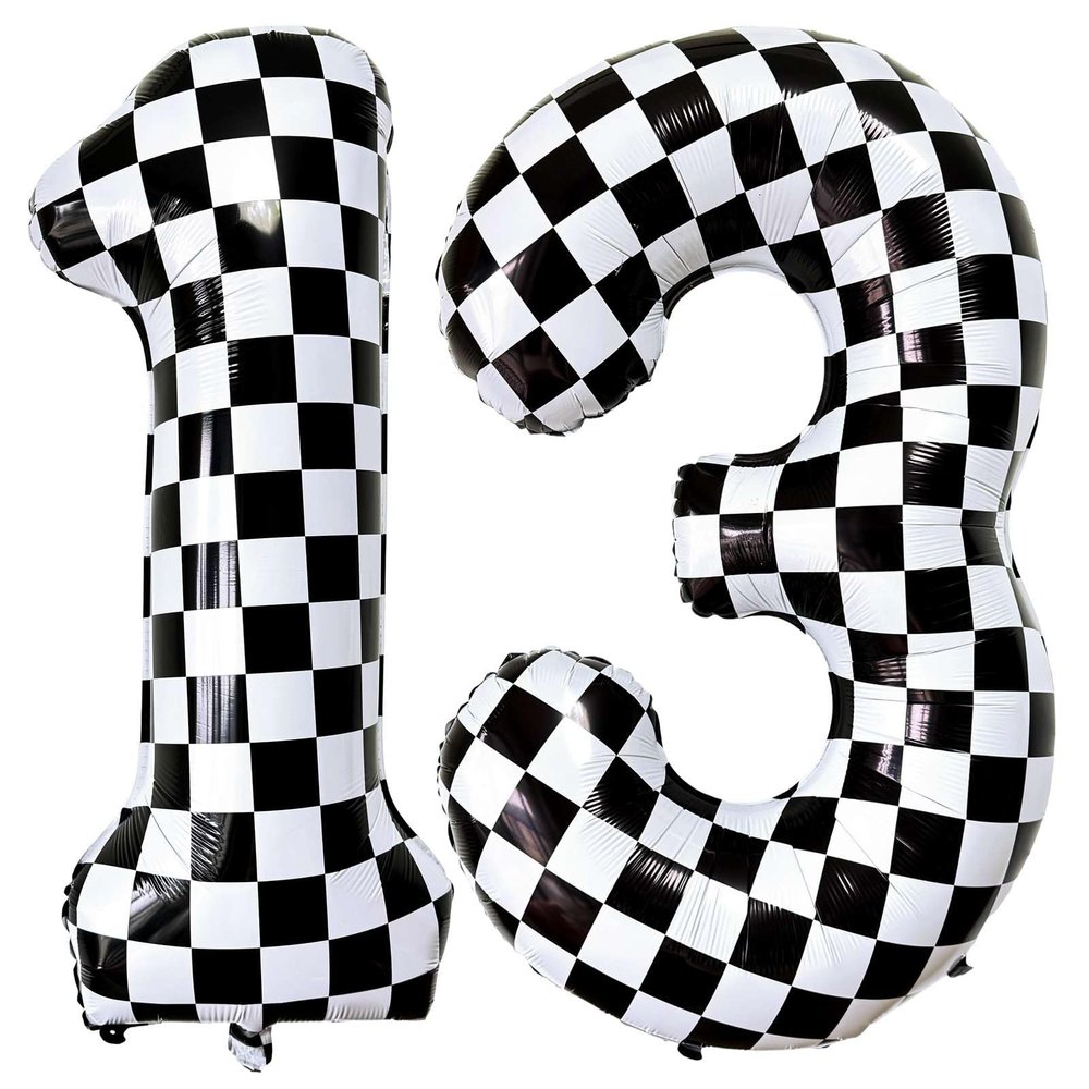LHOAVWE Number 13 Checkered Balloons 40 Inch Giant Race Car Checkered 13 Number Balloons for 13th Race Car Checkered Birthday Party Supplies