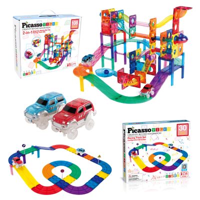 PicassoTiles 108PC Marble Run + 30PC Magnetic Race Car Track Fun & Creative Playset: STEAM Learning, Enhance Construction Skills, Hand-Eye Coordination and Fine Motor Skills, Gift for Boys and Girls