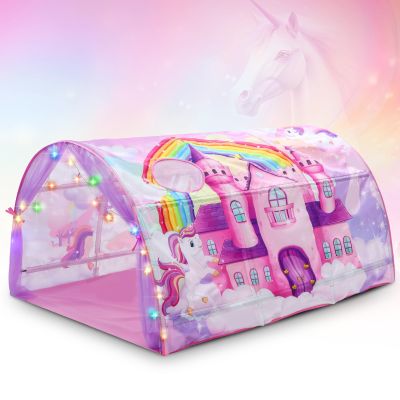 Wowangce Unicorn Bed Tent for Kids Large Kids Twin Tent Toddler Play Bed with Carry Bag Foldable with String Lights for Girls Boys Bedroom Indoor Games