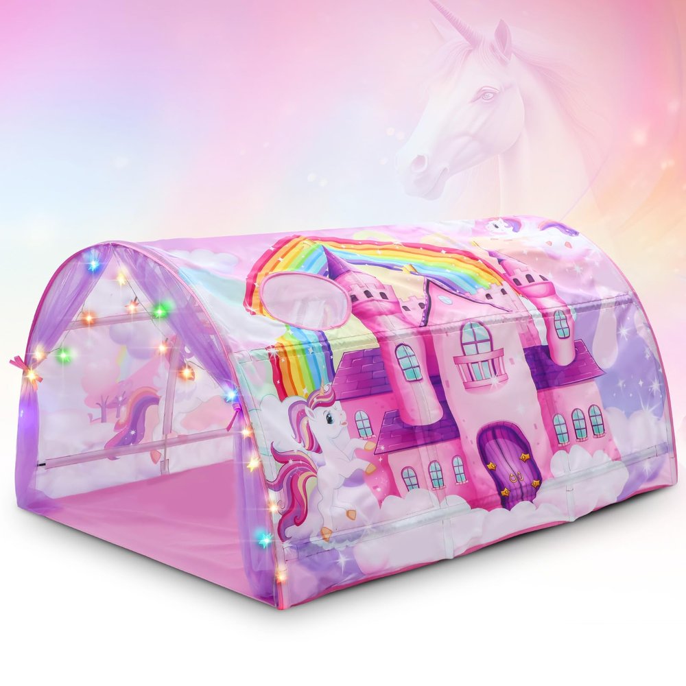 Wowangce Unicorn Bed Tent for Kids Large Kids Twin Tent Toddler Play Bed with Carry Bag Foldable with String Lights for Girls Boys Bedroom Indoor Games