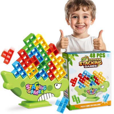 Lktvys Stacking Balance Game for Kids & Adults - 3D Colorful Dinosaur Blocks 48PCS, Fine Motor Skill Development Toy, Retro Block Puzzle-Inspired Board Game, Gift for Ages 3+