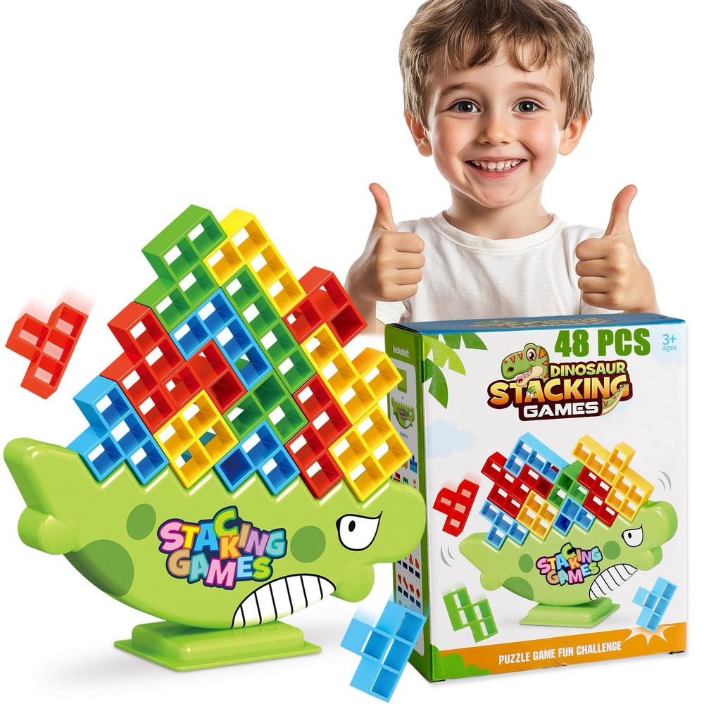 Lktvys Stacking Balance Game for Kids & Adults - 3D Colorful Dinosaur Blocks 48PCS, Fine Motor Skill Development Toy, Retro Block Puzzle-Inspired Board Game, Gift for Ages 3+