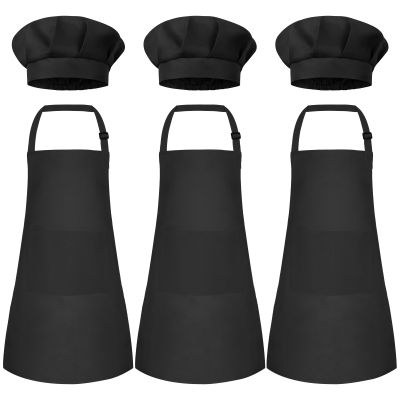 Bouiexye 3 Set Kids Apron and Chef Hat Set Children Apron Adjustable with 2 Pockets Children Chef Painting for Cooking Baking Painting Crafts Making (Black