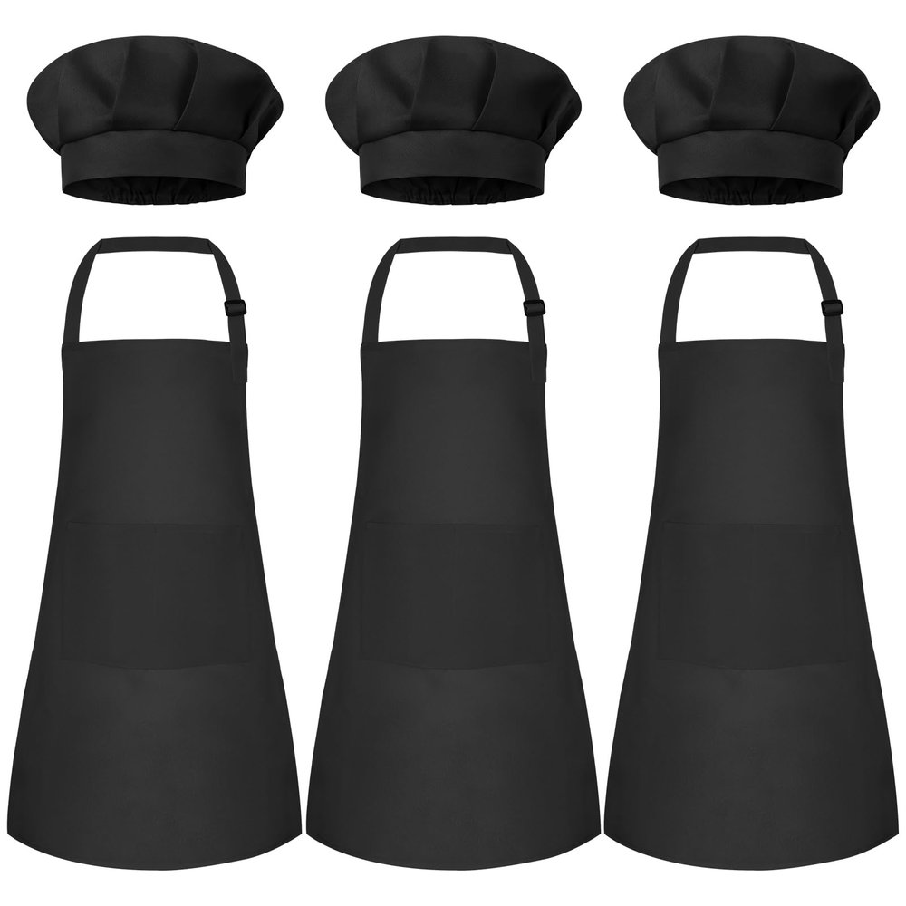 Bouiexye 3 Set Kids Apron and Chef Hat Set Children Apron Adjustable with 2 Pockets Children Chef Painting for Cooking Baking Painting Crafts Making (Black
