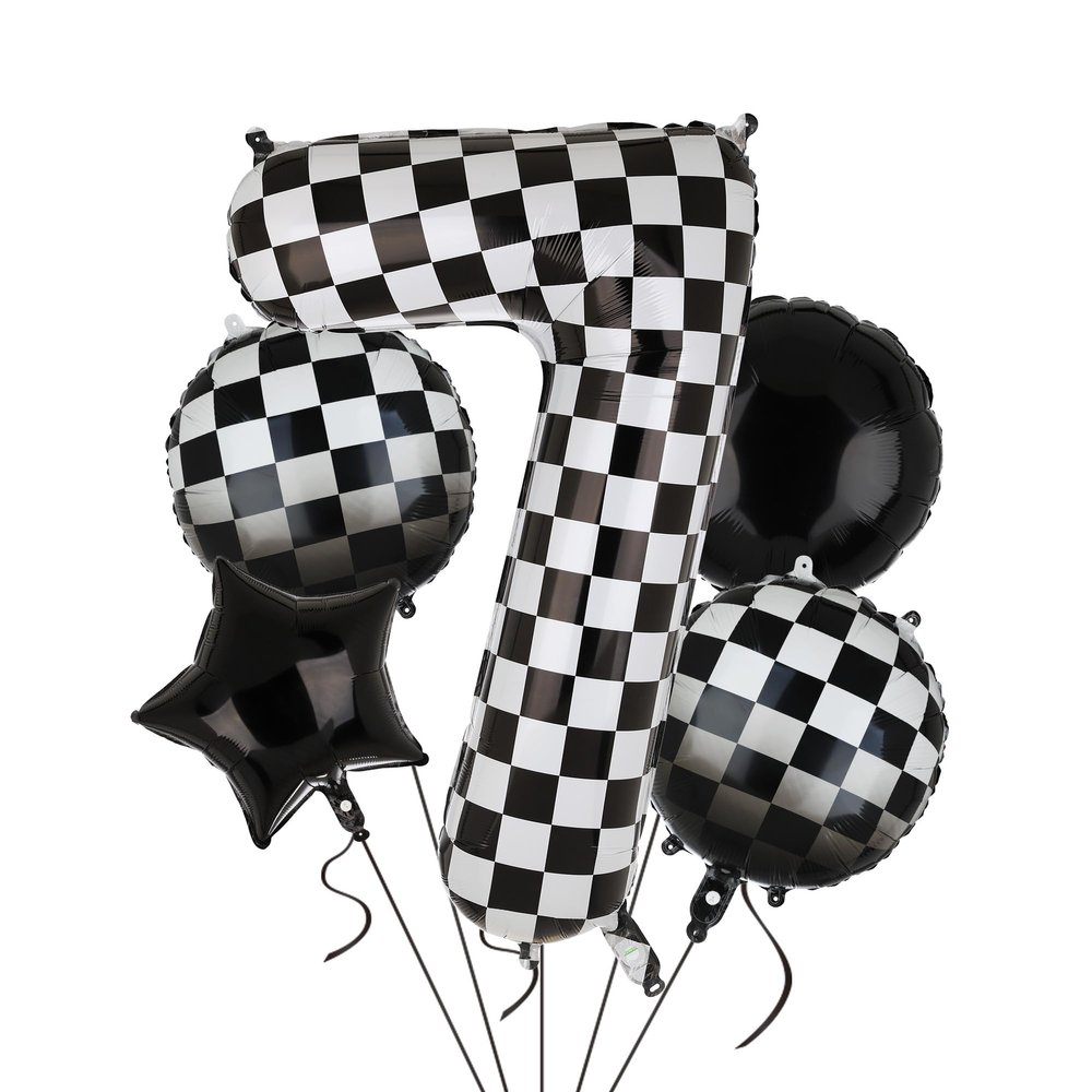 40 Inch Checkered Number Balloon 7 Black and White Race Car Birthday Balloons Baby Hippie Smile Party Shower Boys 7th Birthday Race Car Theme Party Decor Supplies 5 Pcs