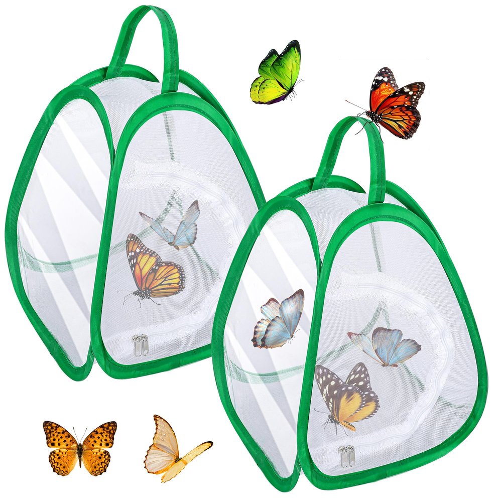 2 Pcs Mini Butterfly Habitat Cage- 10 x 8.8 x 8 Inch Collapsible Insect Mesh Cage- Portable Butterfly Net Habitat with Zipper for Transporting and Raising