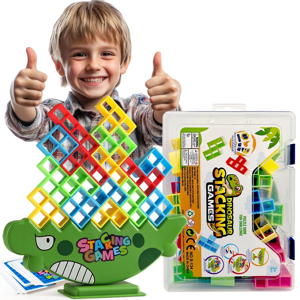 Lktvys 48PCS Dinosaur Balance Stacking Blocks with Travel Case | Montessori Fine Motor Skill Toys for Kids 3+ | Educational STEM Building Game for Focus & Coordination