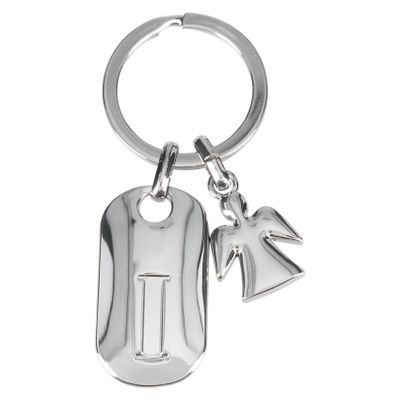 Depesche 11800-010 Silver Zinc Alloy Letter I Guardian Angel Keyring with Coloured Velvet Pouch, silver, standard size, Silver, One Size, Modern