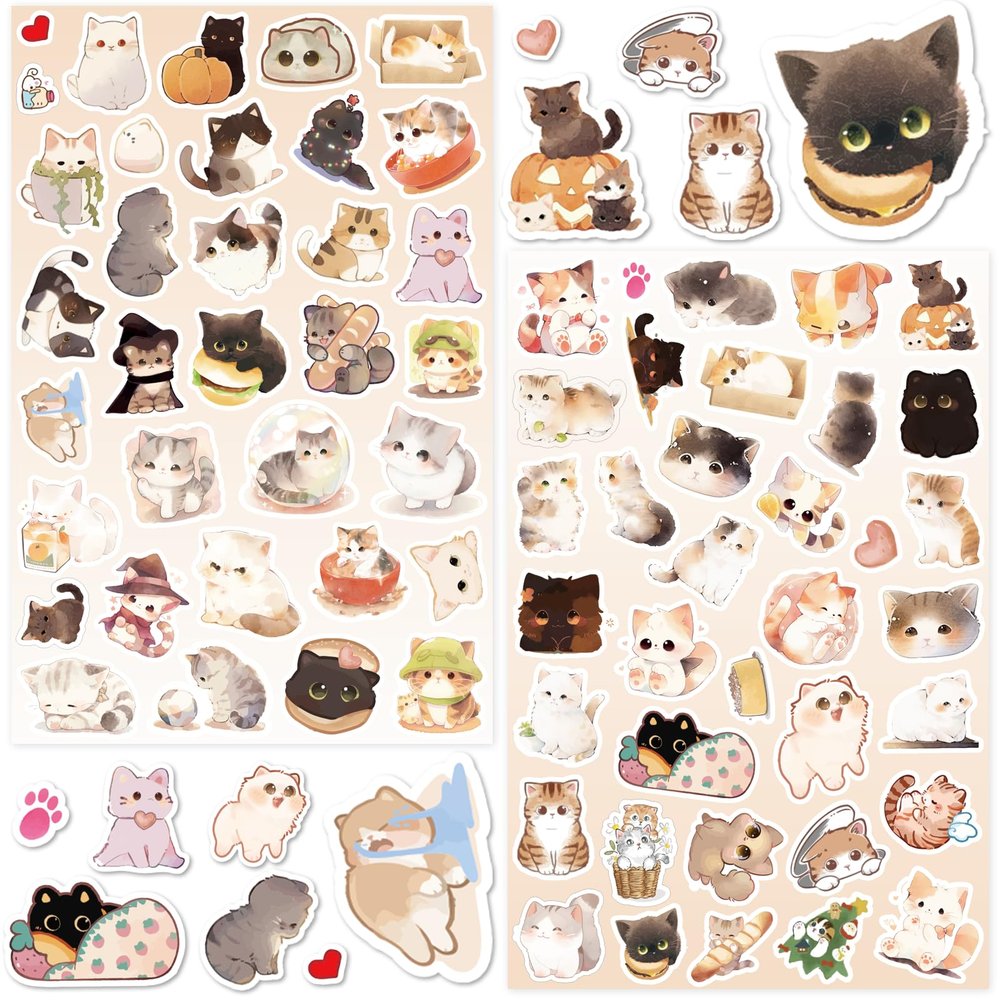 LINAYE 24 Sheets Cute Cat Stickers for Kids Teen Adults, 840 Counts Waterproof Adhesive Kawaii Kitten Stickers for Party Favors, Scrapbooking, Water Bottles, Laptop, Phone, Skateboard, Bicycle