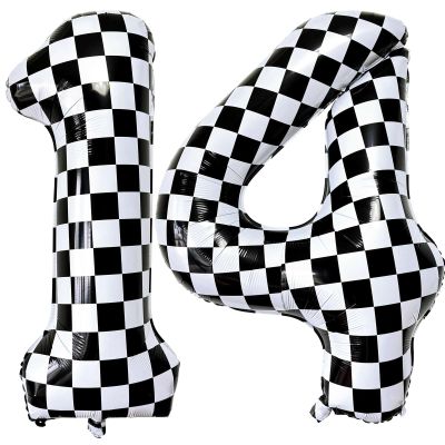 LHOAVWE Number 14 Checkered Balloons 40 Inch Giant Race Car Checkered 14 Number Balloons for 14th Race Car Checkered Birthday Party Supplies