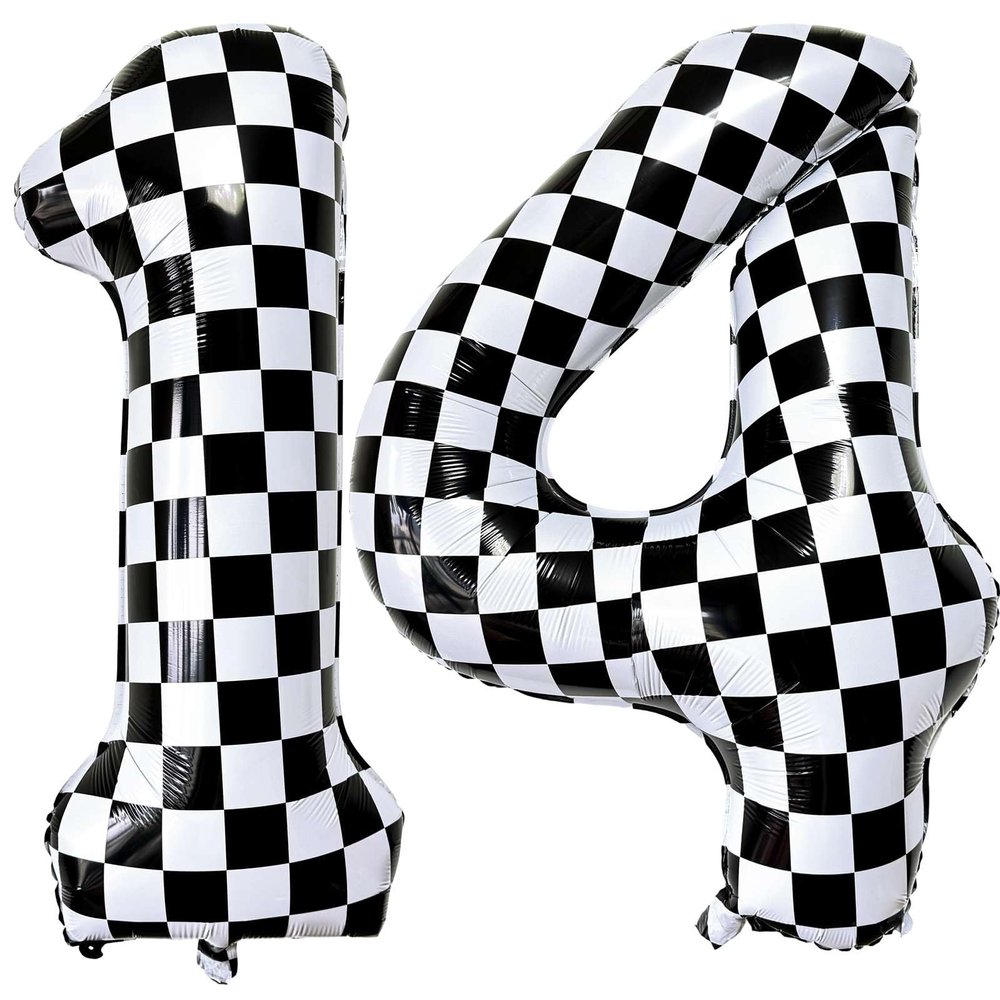 LHOAVWE Number 14 Checkered Balloons 40 Inch Giant Race Car Checkered 14 Number Balloons for 14th Race Car Checkered Birthday Party Supplies