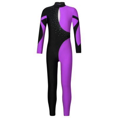 FEESHOW Girls Boys One Piece Full Length Unitards Gymnastics Bodysuit Kids Spandex Zentai Leotard Ballet Costumes Purple B 6 Years