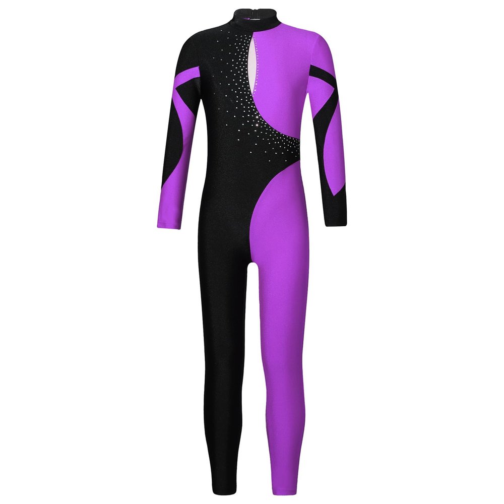 FEESHOW Girls Boys One Piece Full Length Unitards Gymnastics Bodysuit Kids Spandex Zentai Leotard Ballet Costumes Purple B 6 Years