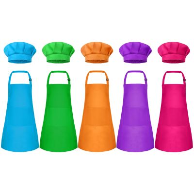 Bouiexye 5 Set Kids Apron and Chef Hat Set Children Apron Adjustable with 2 Pockets Children Chef Painting for Cooking Baking Painting Crafts Making (Rose red, green, blue, orange, purple