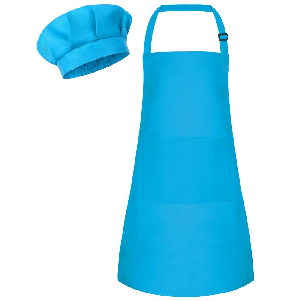 Bouiexye 1 Set Kids Apron and Chef Hat Set Children Apron Adjustable with 2 Pockets Children Chef Painting for Cooking Baking Painting Crafts Making (Blue