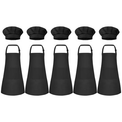 Bouiexye 5 Set Kids Apron and Chef Hat Set Children Apron Adjustable with 2 Pockets Children Chef Painting for Cooking Baking Painting Crafts Making (Black