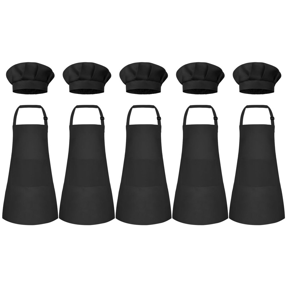 Bouiexye 5 Set Kids Apron and Chef Hat Set Children Apron Adjustable with 2 Pockets Children Chef Painting for Cooking Baking Painting Crafts Making (Black