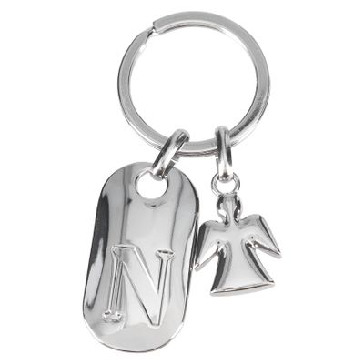 Depesche Depesche-11800-017 11800-017 Silver Key Ring with Letter N and Guardian Angel, Zinc Alloy, Coloured Velvet Pouch Included, Multicoloured, One Size