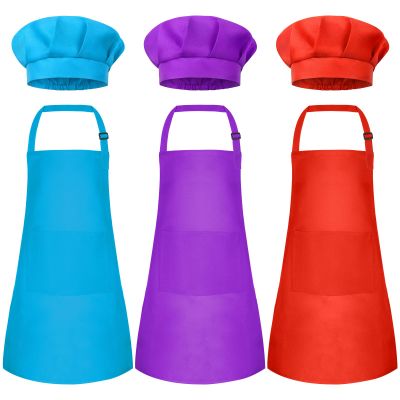 Bouiexye 3 Set Kids Apron and Chef Hat Set Children Apron Adjustable with 2 Pockets Children Chef Painting for Cooking Baking Painting Crafts Making (Rose red, blue, purple