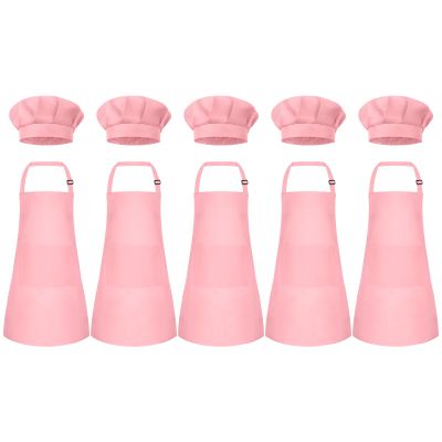 Bouiexye 5 Set Kids Apron and Chef Hat Set Children Apron Adjustable with 2 Pockets Children Chef Painting for Cooking Baking Painting Crafts Making (Pink