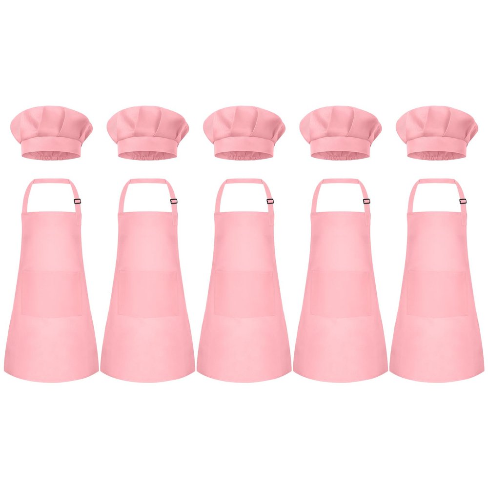 Bouiexye 5 Set Kids Apron and Chef Hat Set Children Apron Adjustable with 2 Pockets Children Chef Painting for Cooking Baking Painting Crafts Making (Pink