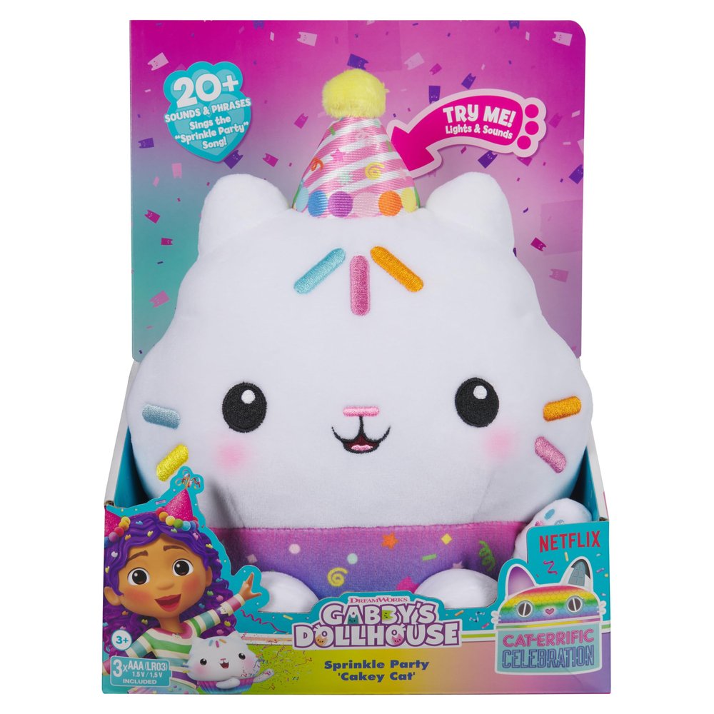 Gabby's Dollhouse Celebrations, Sprinkle Party Cakey Cat Soft Toy, 25-Centimetre Interactive Soft Toy with Sounds, Kids Toys for Girls and Boys Aged 3+