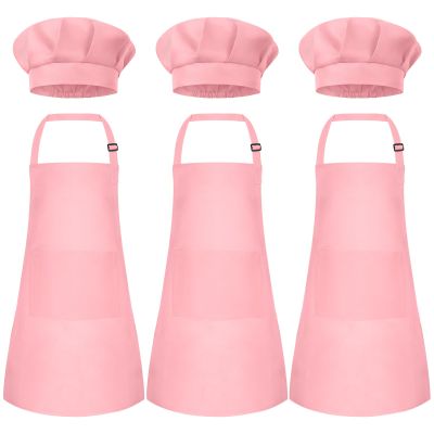 Bouiexye 3 Set Kids Apron and Chef Hat Set Children Apron Adjustable with 2 Pockets Children Chef Painting for Cooking Baking Painting Crafts Making (Pink