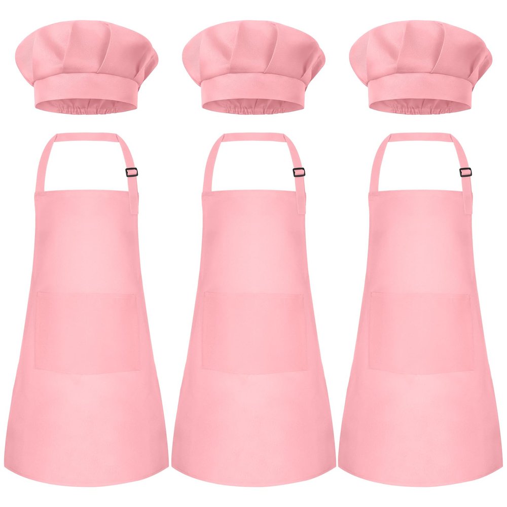 Bouiexye 3 Set Kids Apron and Chef Hat Set Children Apron Adjustable with 2 Pockets Children Chef Painting for Cooking Baking Painting Crafts Making (Pink