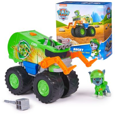 Paw Patrol: Rescue Wheels Rockys Recycle Truck, Toy Truck with Projectile Launcher and Collectible Action Figure, Kids Toys for Boys & Girls Ages 3+