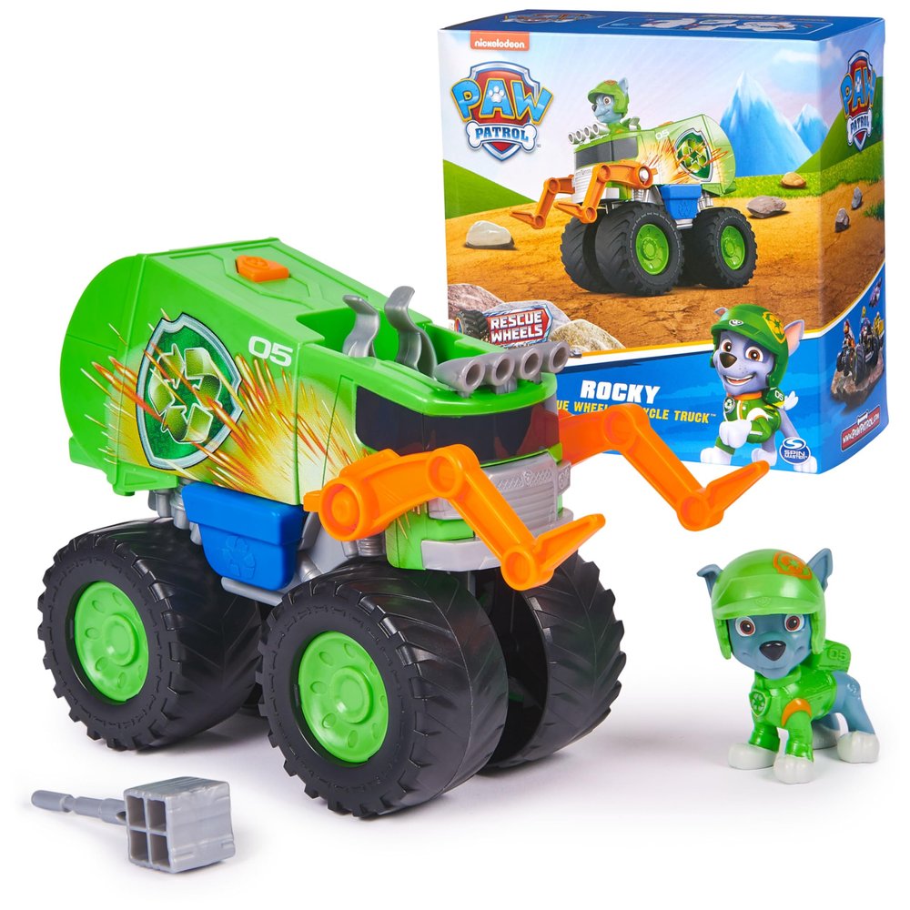 Paw Patrol: Rescue Wheels Rockys Recycle Truck, Toy Truck with Projectile Launcher and Collectible Action Figure, Kids Toys for Boys & Girls Ages 3+