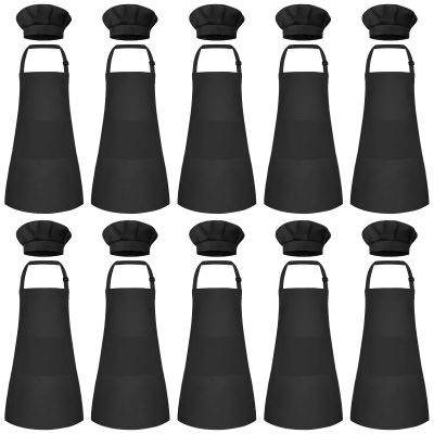 Bouiexye 10 Set Kids Apron and Chef Hat Set Children Apron Adjustable with 2 Pockets Children Chef Painting for Cooking Baking Painting Crafts Making (Black