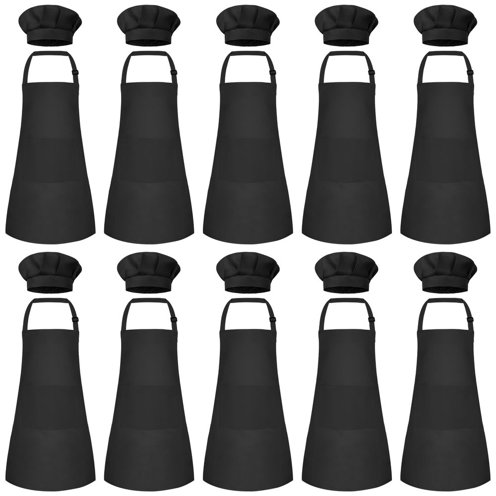 Bouiexye 10 Set Kids Apron and Chef Hat Set Children Apron Adjustable with 2 Pockets Children Chef Painting for Cooking Baking Painting Crafts Making (Black