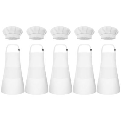 Bouiexye 5 Set Kids Apron and Chef Hat Set Children Apron Adjustable with 2 Pockets Children Chef Painting for Cooking Baking Painting Crafts Making (White