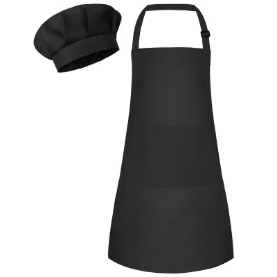 Bouiexye 1 Set Kids Apron and Chef Hat Set Children Apron Adjustable with 2 Pockets Children Chef Painting for Cooking Baking Painting Crafts Making (Black