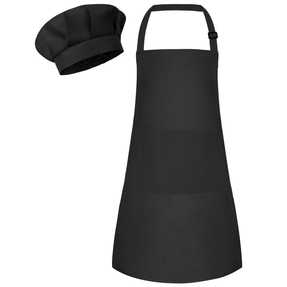 Bouiexye 1 Set Kids Apron and Chef Hat Set Children Apron Adjustable with 2 Pockets Children Chef Painting for Cooking Baking Painting Crafts Making (Black