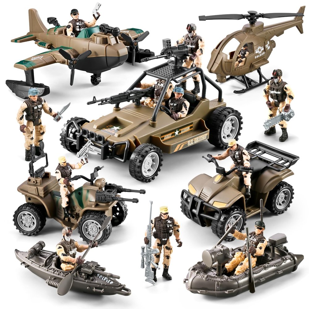 78-in-1 Army Men Toys Sets with Realistic Military Truck/Helicopter/Kayak Boat/Motorcycle/Army Men Action Figures/Weapon Gears, Army Toys Gift for Boys Kids 4-7 6-8 8-14 Fun Birthday Party Favors