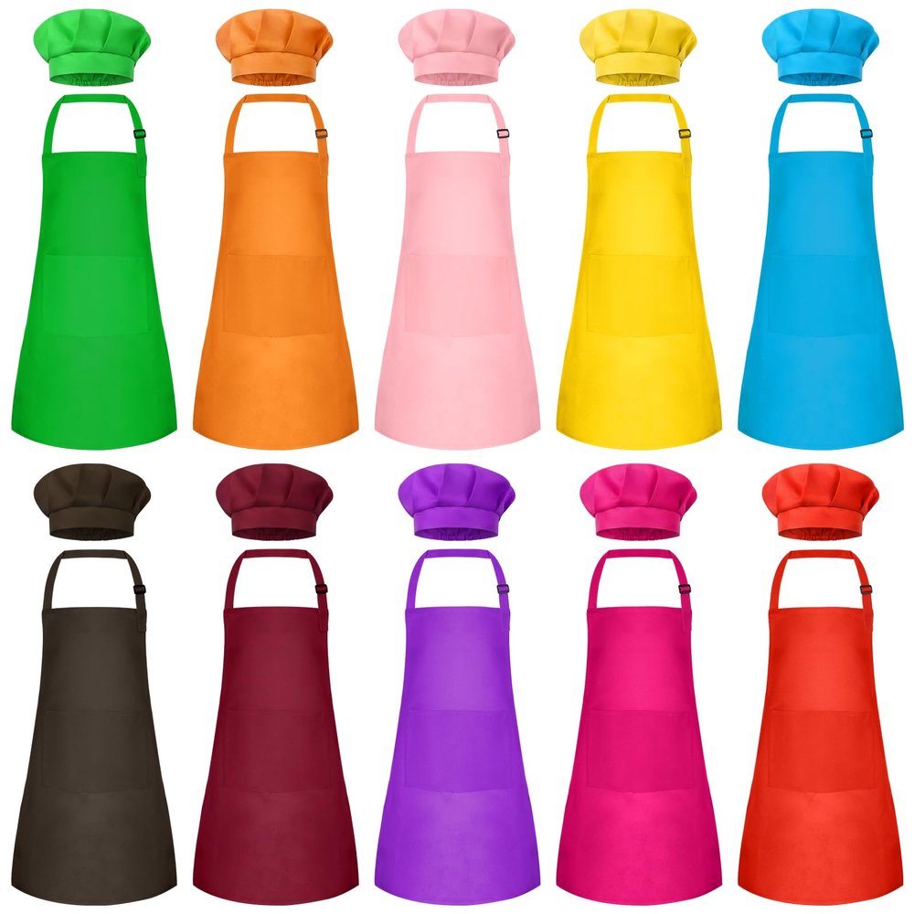 Bouiexye 10 Set Kids Apron and Chef Hat Set Children Apron Adjustable with 2 Pockets Children Chef Painting for Cooking Baking Painting Crafts Making10 colors