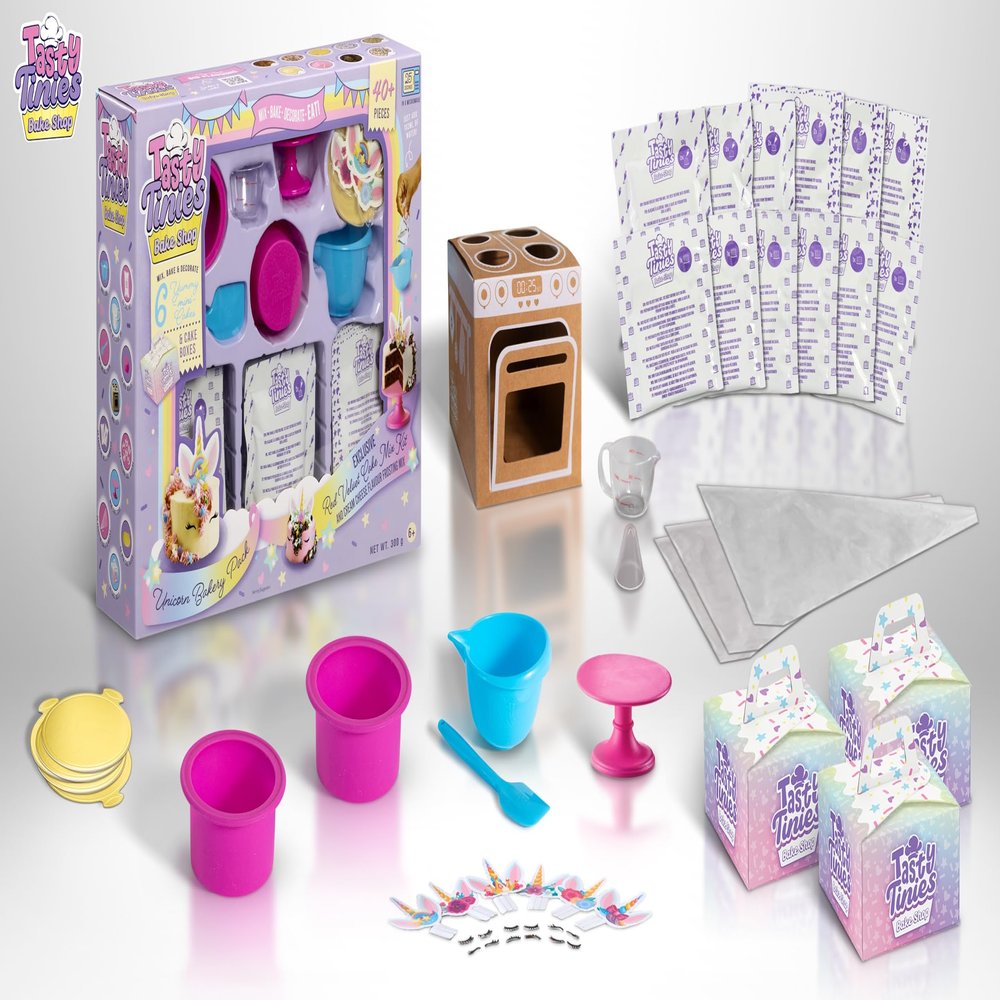 Goliath Tasty Tinies Bake Shop | Unicorn Bakery Party Pack | Red Velvet Cake Mix & Cream Cheese Flavor Frosting | Mix, Bake & Decorate 6 Real Mini Cakes | Includes Mini Tools & Ingredients | Ages 6+