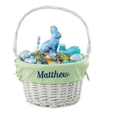 Personalization Universe Personalized Classic White Easter Basket Embroidered Light Green Basket Liner Kids Custom Easter Gift Hand-Woven Willow Basket with Folding Handle