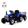 12V Kids Ride On Track,Battery Powered Electric Tractor with Trailer,Treaded Tires with Dual 25W Motors/RC,7-LED Lights,MP3 Audio-Blue view 1