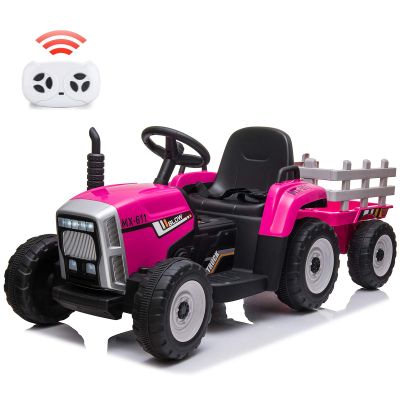 12V Kids Ride On Track,Battery Powered Electric Tractor with Trailer,Treaded Tires with Dual 25W Motors/RC,7-LED Lights,MP3 Audio-Rose Red