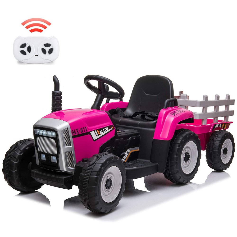 12V Kids Ride On Track,Battery Powered Electric Tractor with Trailer,Treaded Tires with Dual 25W Motors/RC,7-LED Lights,MP3 Audio-Rose Red