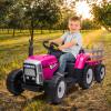 12V Kids Ride On Track,Battery Powered Electric Tractor with Trailer,Treaded Tires with Dual 25W Motors/RC,7-LED Lights,MP3 Audio-Rose Red view 2