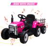 12V Kids Ride On Track,Battery Powered Electric Tractor with Trailer,Treaded Tires with Dual 25W Motors/RC,7-LED Lights,MP3 Audio-Rose Red view 3