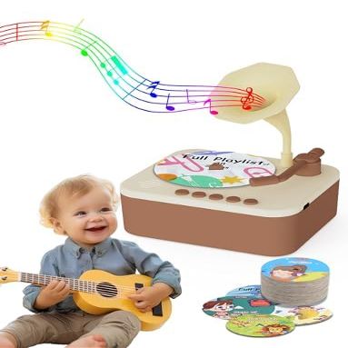 Jwatch Kids Phonograph with 96 Colorful Cards Learning Sensory Toy Ideal Entertainment for Boys and Girls Aged 3-6 Kids Phonograph Record Player (Brown)