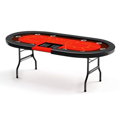 Premium 10 Player Foldable Poker Table with Cup Holders, 84" Portable Texas Holdem Poker Table with Chip Tray, Folding Casino Leisure Card Board Game Table with Padded Rails, Stylish Red Design